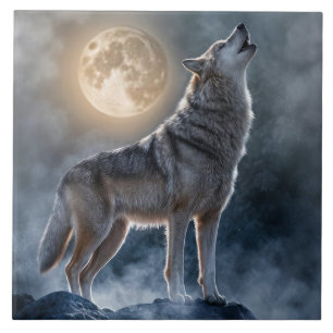 Beautiful Howling Wolf Moon Art Ceramic Tile