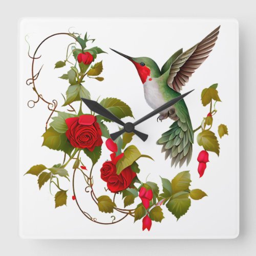 Beautiful Hummingbird and Red Roses   Square Wall Clock