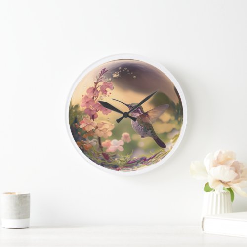 Beautiful Hummingbird Floral Bubble Haven Nature Large Clock