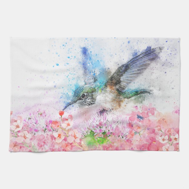 Beautiful Hummingbird Floral Kitchen Towel (Horizontal)