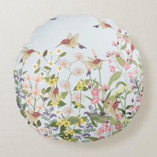 Beautiful hummingbird in sweet floral flower garde round pillow