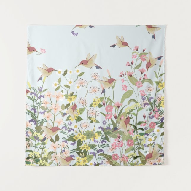 Beautiful hummingbird in sweet floral flower garde tapestry (Front)
