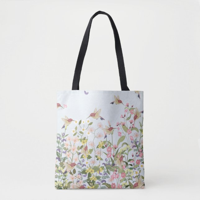 Beautiful hummingbird in sweet floral flower garde tote bag (Front)