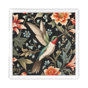Beautiful Hummingbird on Dark Floral Background Acrylic Tray