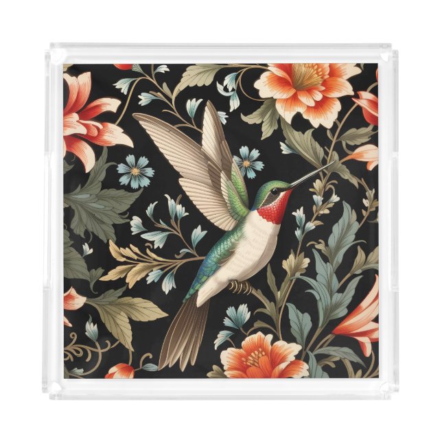Beautiful Hummingbird on Dark Floral Background Acrylic Tray (Front)
