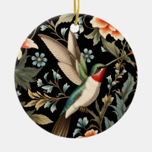 Beautiful Hummingbird on Dark Floral Background Ceramic Ornament