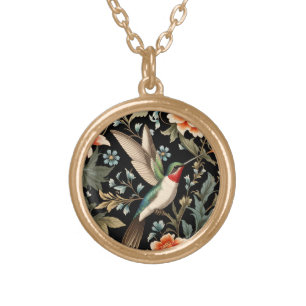 Beautiful Hummingbird on Dark Floral Background Gold Plated Necklace