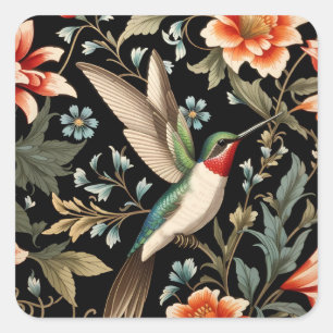 Beautiful Hummingbird on Dark Floral Background Square Sticker