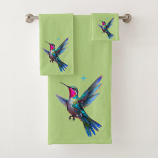 Beautiful Hummingbird on Lime Green Bath Towel Set