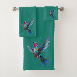 Beautiful Hummingbird on Teal Blue Bath Towel Set