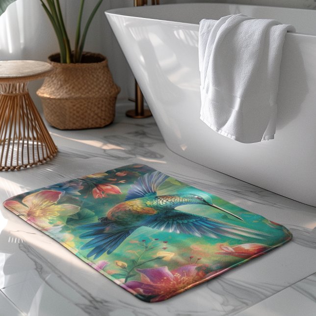 Beautiful Hummingbird Surrounded by Flowers Bath Mat (Creator Uploaded)