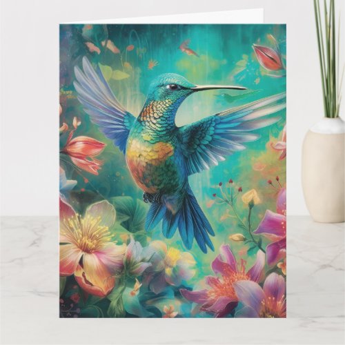 Beautiful Hummingbird Surrounded by Flowers Card