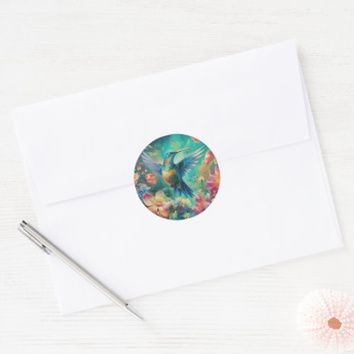 Beautiful Hummingbird Surrounded by Flowers Classic Round Sticker