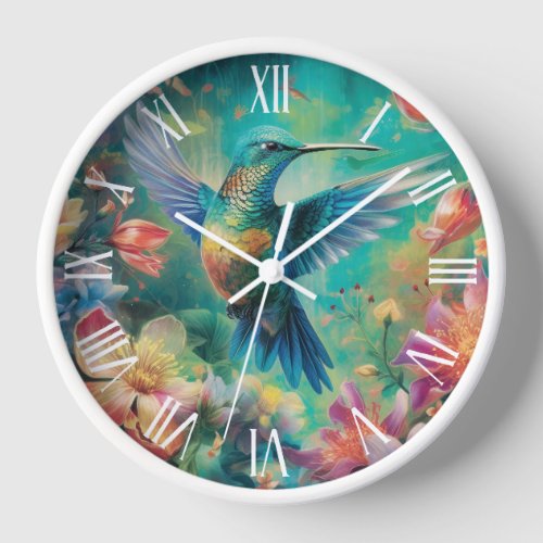 Beautiful Hummingbird Surrounded by Flowers Clock