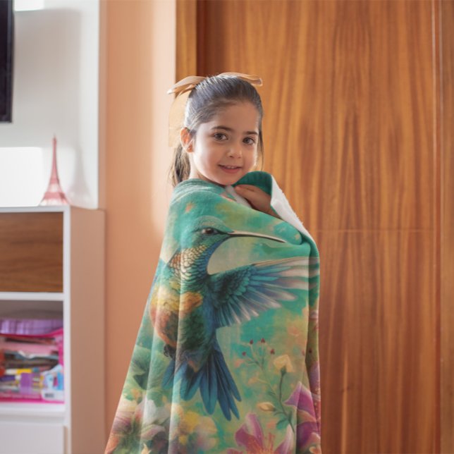 Beautiful Hummingbird Surrounded by Flowers Fleece Blanket (Creator Uploaded)