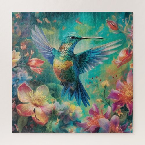 Beautiful Hummingbird Surrounded by Flowers Jigsaw Puzzle