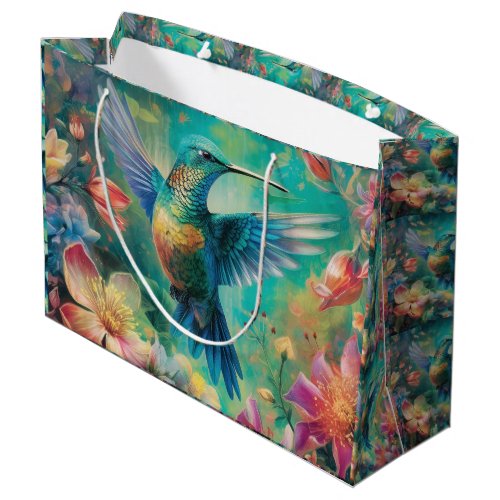 Beautiful Hummingbird Surrounded by Flowers Large Gift Bag