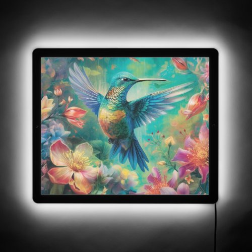 Beautiful Hummingbird Surrounded by Flowers LED Sign