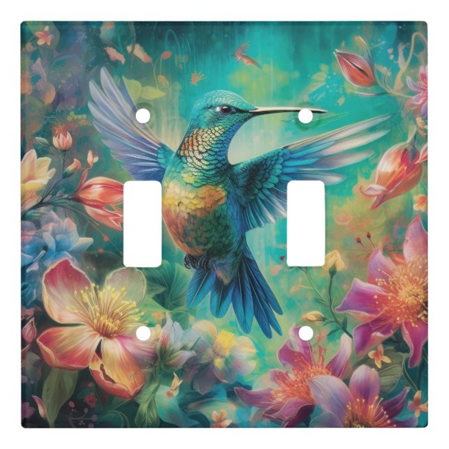 Beautiful Hummingbird Surrounded by Flowers Light Switch Cover (Front)