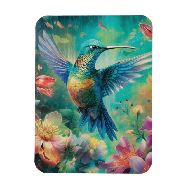 Beautiful Hummingbird Surrounded by Flowers Magnet (Vertical)
