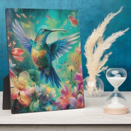 Beautiful Hummingbird Surrounded by Flowers Plaque