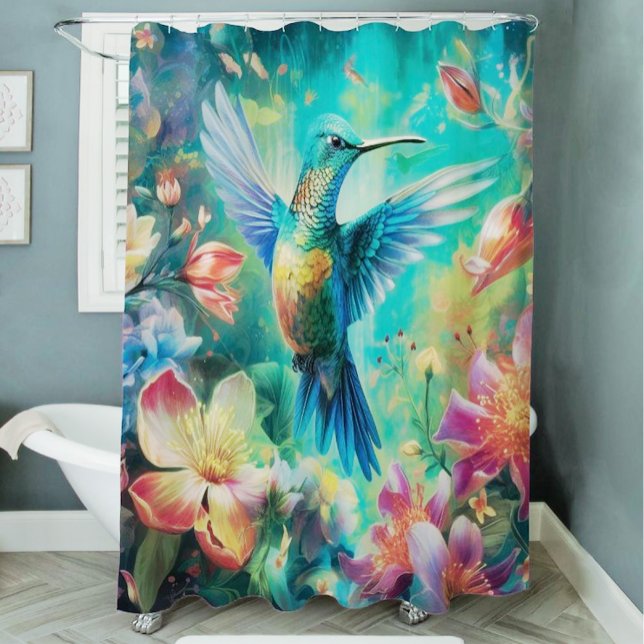 Beautiful Hummingbird Surrounded by Flowers Shower Curtain (Creator Uploaded)