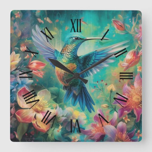 Beautiful Hummingbird Surrounded by Flowers Square Wall Clock