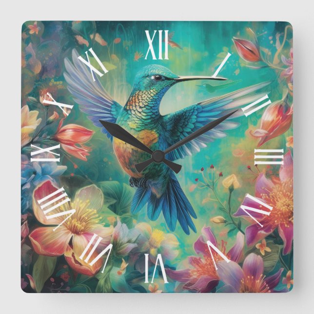 Beautiful Hummingbird Surrounded by Flowers Square Wall Clock (Front)