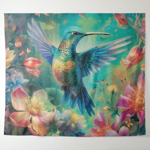 Beautiful Hummingbird Surrounded by Flowers Tapestry