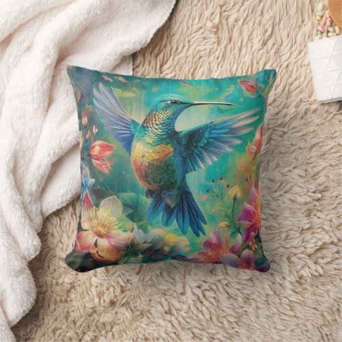Beautiful Hummingbird Surrounded by Flowers Throw Pillow