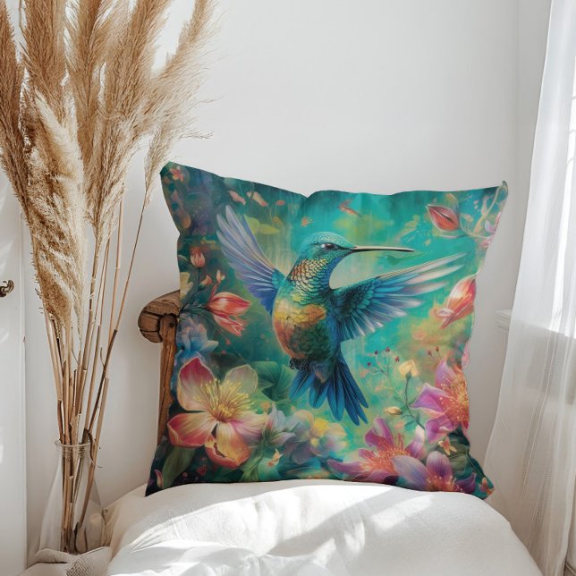 Beautiful Hummingbird Surrounded by Flowers Throw Pillow (Creator Uploaded)