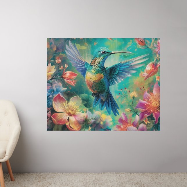 Beautiful Hummingbird Surrounded by Flowers Wall Decal (Living Room 2)