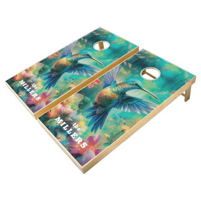 Beautiful Hummingbird Tropical Flowers Cornhole Set (Angled)