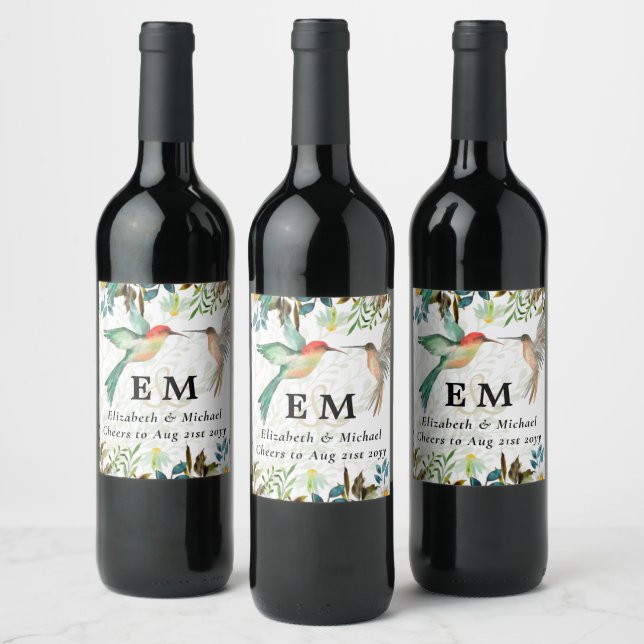 Beautiful HUMMINGBIRDS Couple Wedding Wine Label (Bottles)
