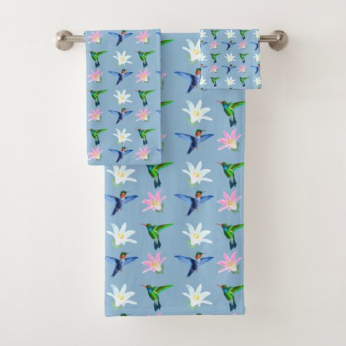 Beautiful Hummingbirds  Flowers on Light Blue Bath Towel Set