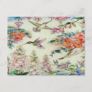 Beautiful Hummingbirds Flowers Stained Glass Art Postcard