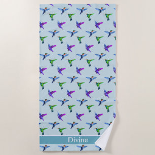 Beautiful Hummingbirds on Light Turquoise Blue Beach Towel