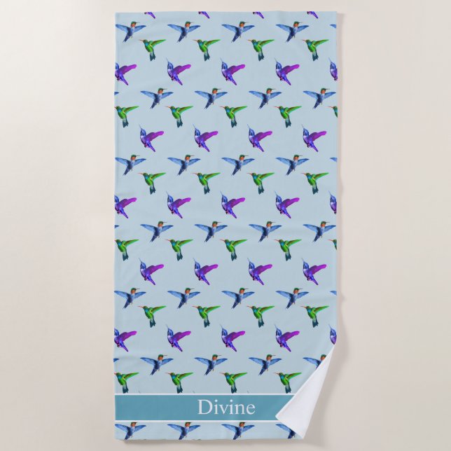 Beautiful Hummingbirds on Light Turquoise Blue Beach Towel (Front)
