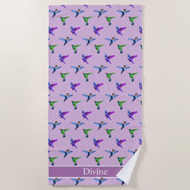 Beautiful Hummingbirds on Violet Beach Towel (Front)