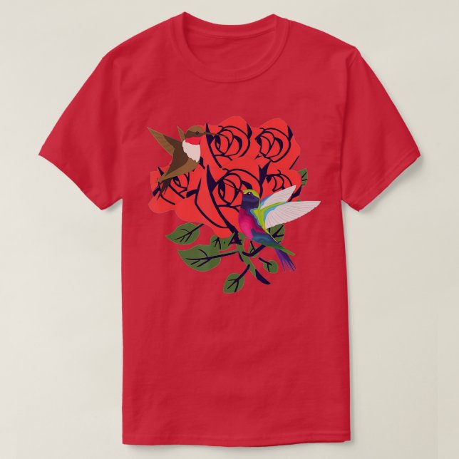 Beautiful hummingbirds with red roses flowers  T-Shirt (Design Front)