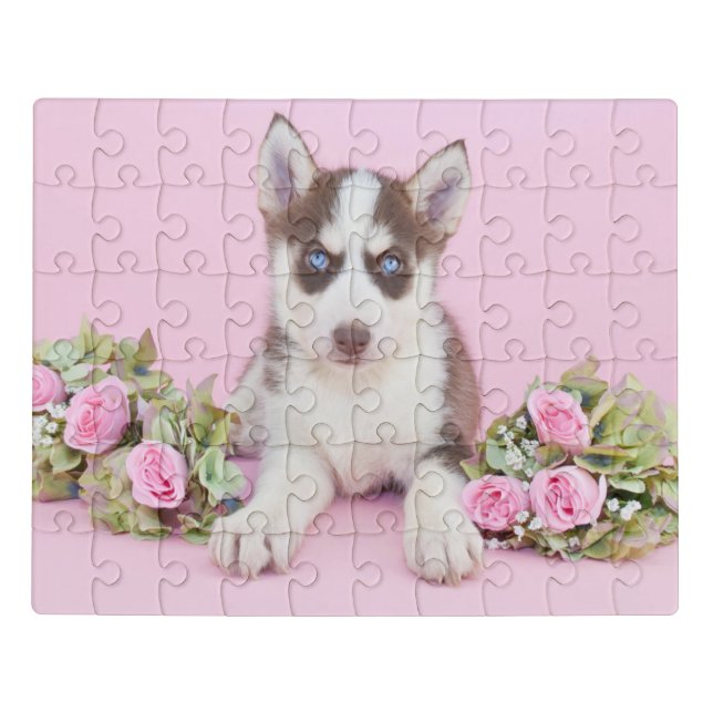 Beautiful Husky Puppy with Pink Roses Jigsaw Puzzle (Puzzle Horizontal)