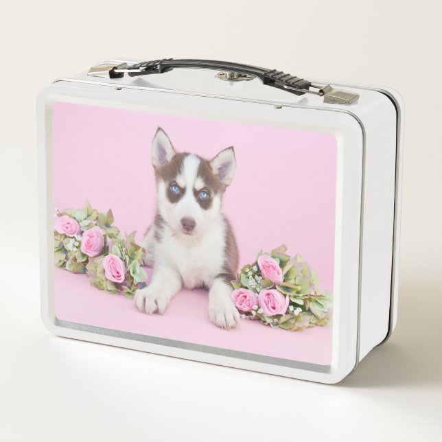 Beautiful Husky Puppy with Pink Roses Metal Lunch Box (Back)