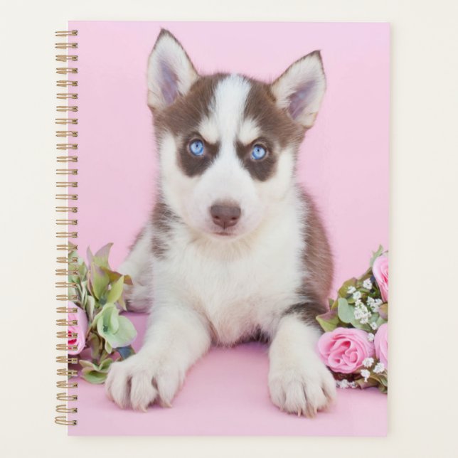 Beautiful Husky Puppy with Pink Roses Planner (Front)