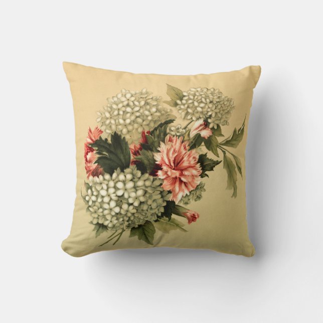 Beautiful Hydrangea and Pink Carnation Vintage Throw Pillow (Front)