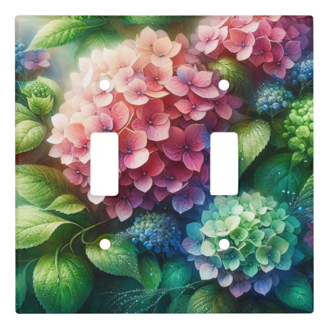 Beautiful Hydrangea Pink Green Double Light Switch Cover (Front)