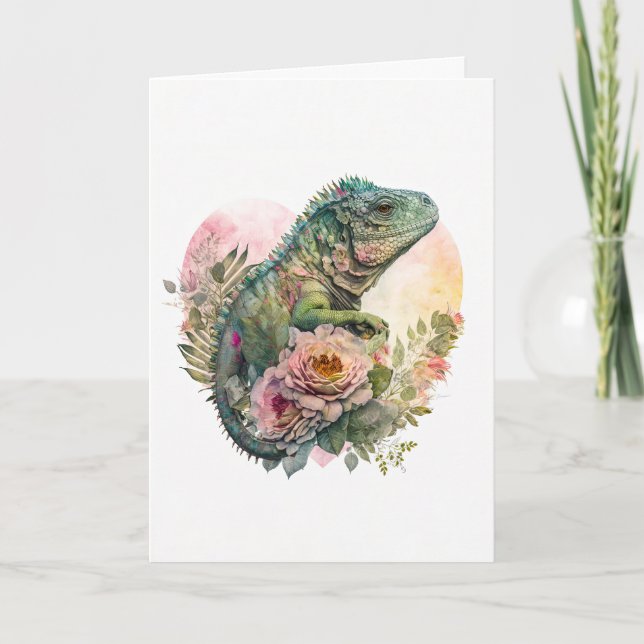 Beautiful Iguana in Pink Flowers Valentine's Day Holiday Card (Front)