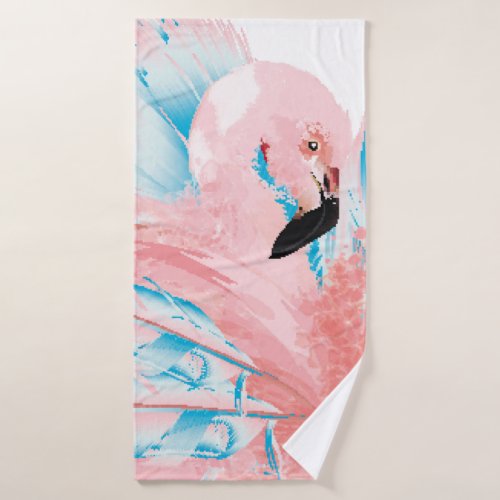 Beautiful illustration with drawn pink flamingo an bath towel