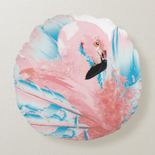 Beautiful illustration with drawn pink flamingo an round pillow