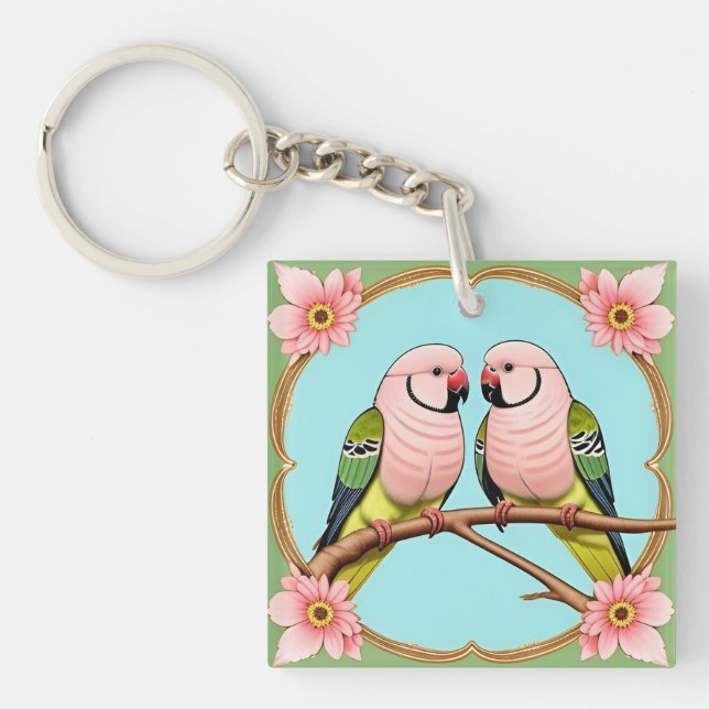 Beautiful Illustrative Parrots Together Keychain (Front)