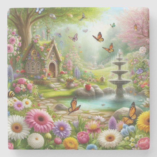 Beautiful Image of a Spring Flower Garden Stone Coaster (Front)